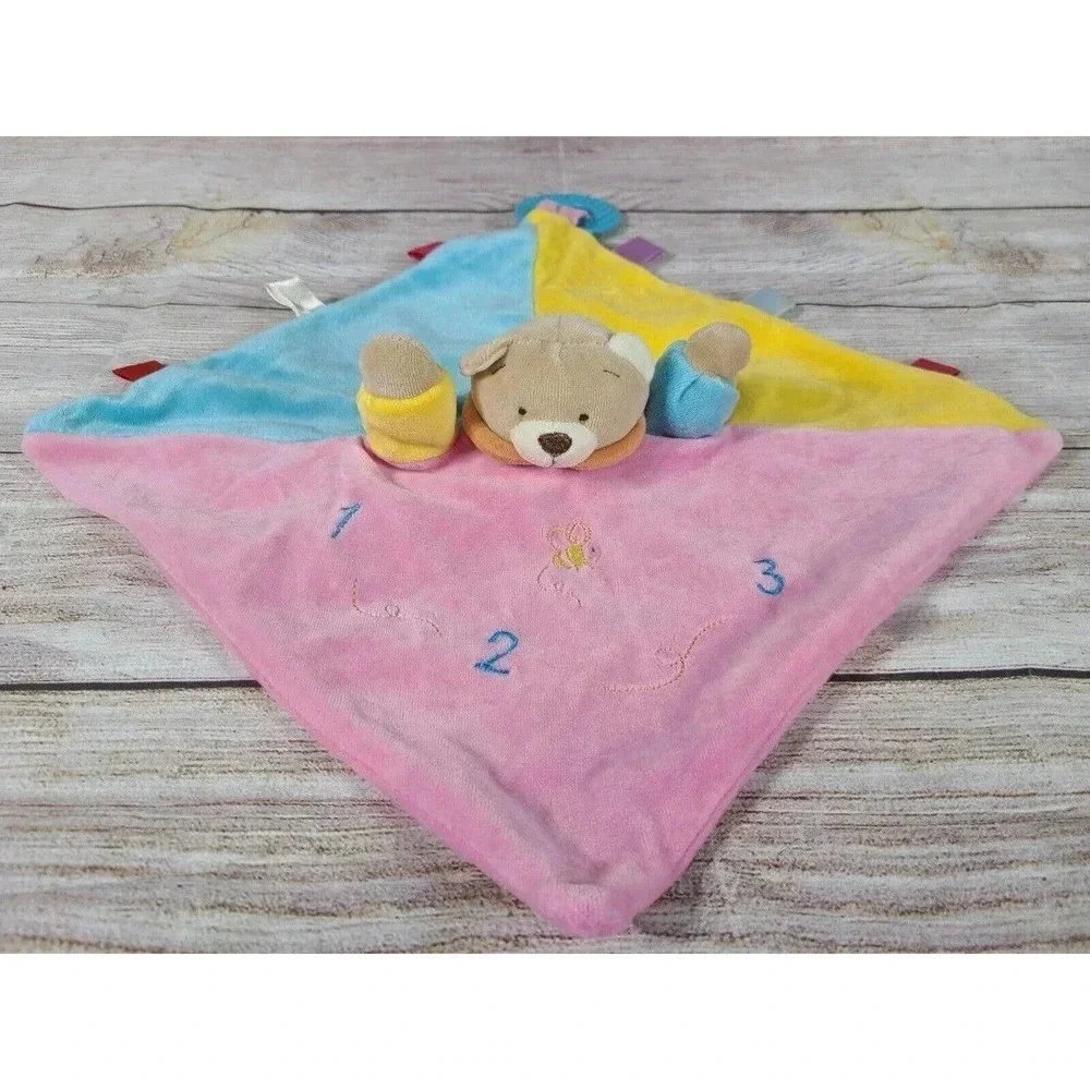 Vintage Plush Teddy Bear Puppet Lovey Security Blanket Teether Pink Yellow Blue